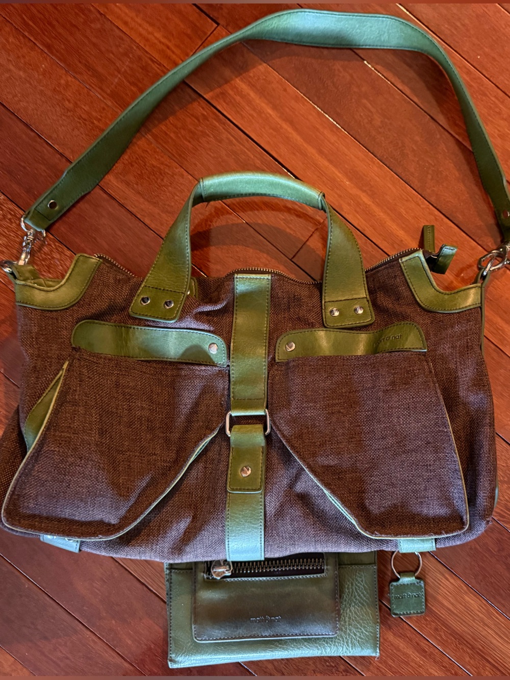 Matt & NatBrown Canvas & Green Vegan Leather Trim Purse and Wallet + Keychain